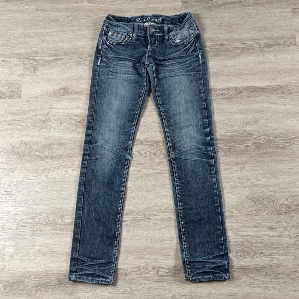 Red Camel Jeans Women Size 1 Blue Embroidered Rhinestone Y2K Slim Straight Leg